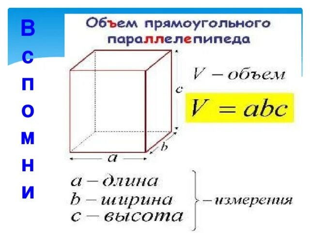 Объем прямоугольного параллелепипеда формула задачи. Объем прямоугольного параллелепипеда 5 класс. площадь параллелепипеда 5 класс. формула объёма прямоугольного параллелепипеда 5 класс. формула объёма прямоугольника параллелепипеда.