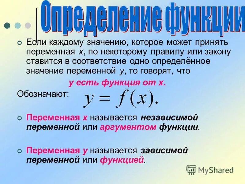 Переменная у называется функцией переменной х. Переменная у называется функцией переменной х