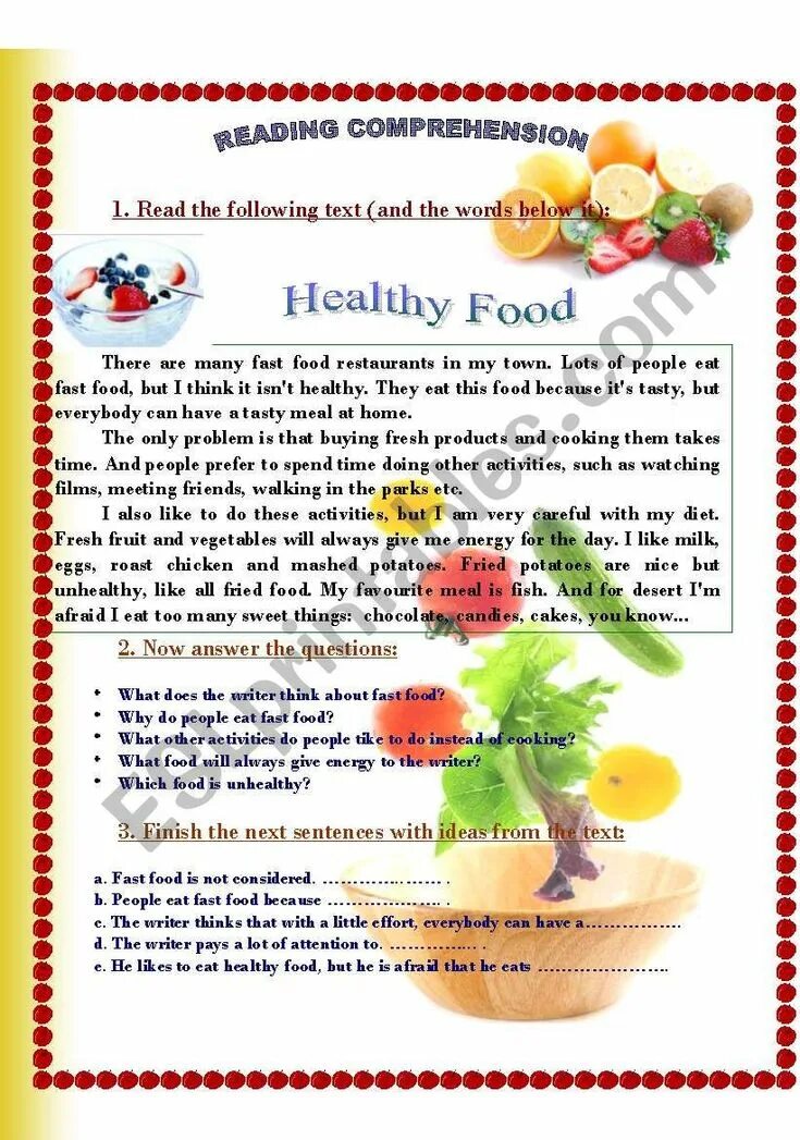 Текст food. Текст food and Health. Food reading Comprehension. Healthy food Worksheets. Reading about food