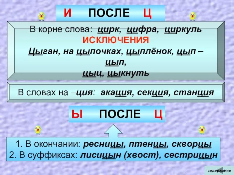 На цыпочках в корне слова. Корень слова. и после ц в корне. ы после ц в окончаниях. окончание ция правило.