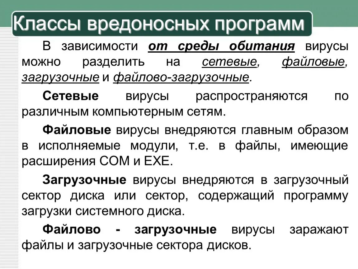 Классы вредоносных программ. В зависимости от среды обитания вирусы можно разделить на. Классификация вредоносных компьютерных программ. Вредоносное программное обеспечение. Программные вредоносное действие