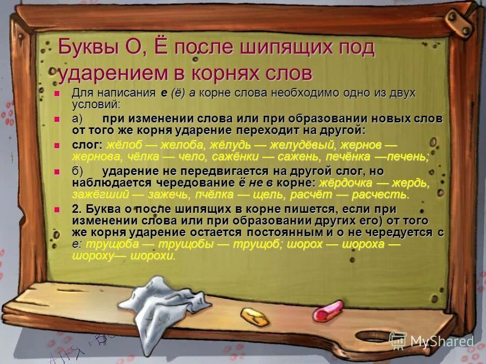 гласные после шипящих в корнях под ударением. правописание слова печенка. о и е после шипящих желудь. шёл правило написания. жернов проверочное слово е.