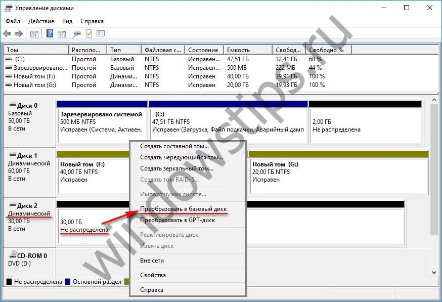 Преобразовать в динамический диск. Динамический и базовый диск windows. как динамический диск преобразовать в базовый. преобразование динамического диска в базовый. как сделать из динамического диска базовый.