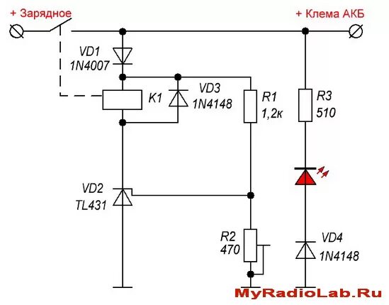 Защита АКБ от перезаряда схема. Схема автоматического отключения АКБ от зарядки. Схема контроля напряжения на tl431. Реле напряжения на tl431 схема.