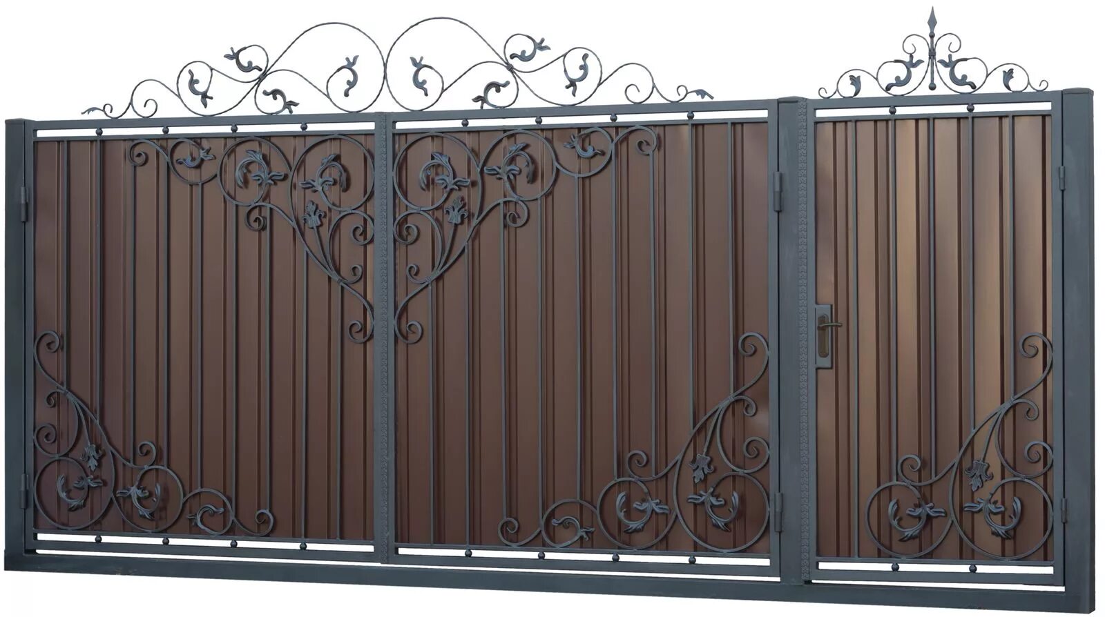 простые вороты. ворота металлические кованые. ворота «мпа» со встроенной калиткой. калитка из профнастила с элементами ковки. простые вороты.