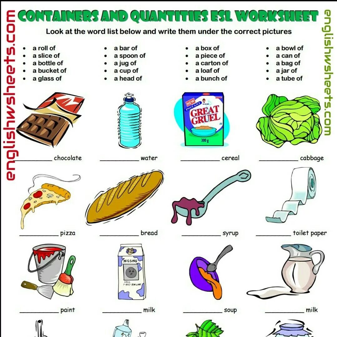 Materials exercises. Quantities and Containers в английском. Containers in English Vocabulary. Containers в английском языке упражнения. Containers in English for Kids.