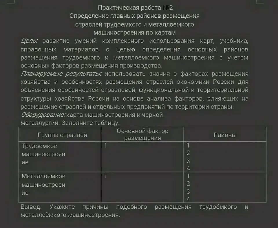 Вывод о факторах размещения. Трудоемкость районы размещения. Отрасли трудоемкого машиностроения таблица. Определение размещения трудоёмкого и металлоёмкого. Трудоемкое Машиностроение районы основной фактор размещения таблица.