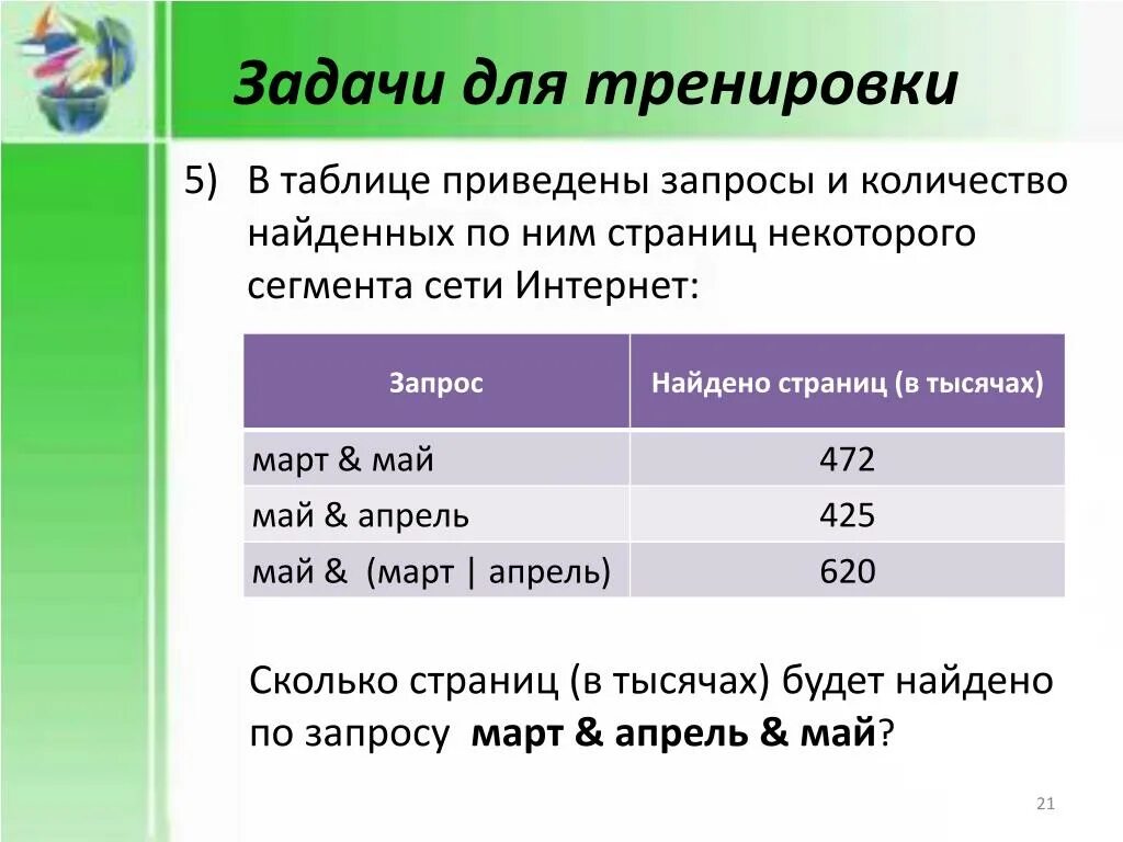 В таблице приведено количество книг. Задачи на поисковые запросы. В таблице приведены запросы и количество найденных. Количество найденных страниц. Найти количество страниц по запросу.