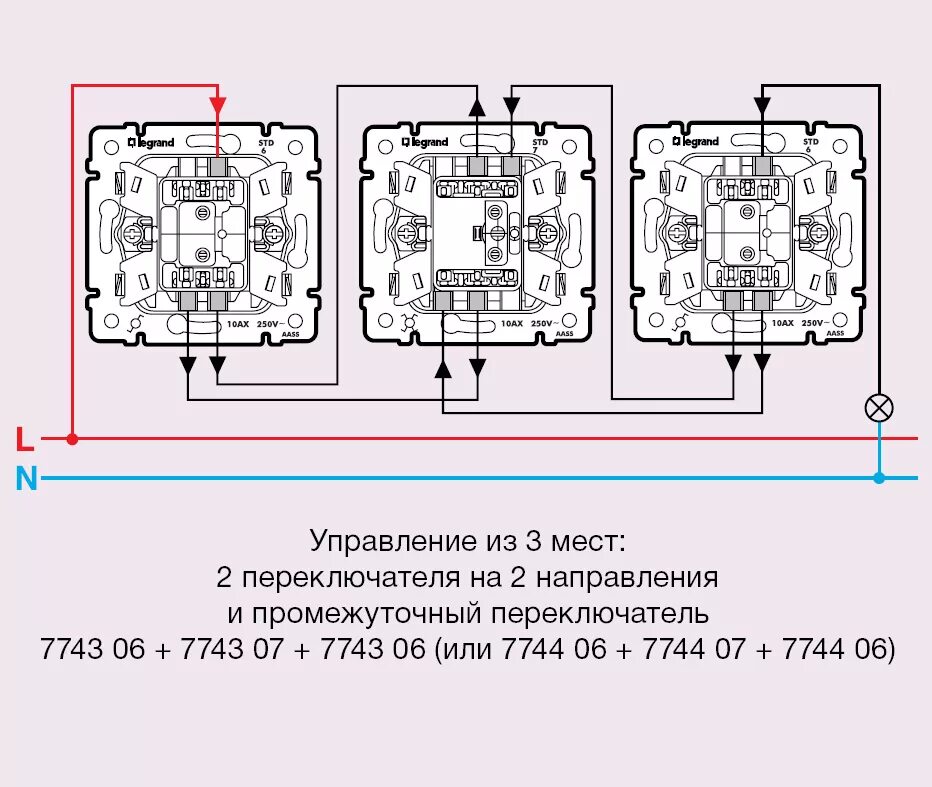 Схема подключения проходного выключателя с 3х мест Legrand. Перекрестный переключатель Legrand схема подключения. Схема подключения двухклавишных проходных выключателей с 3 мест. Проходной переключатель с 3-х мест Легранд. 3 проходных двухклавишных выключателя