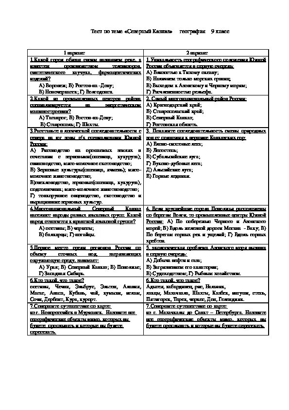 Контрольная работа по Северному Кавказу. Тест по Кавказу. Тесты по географии по Кавказу. Северный Кавказ тесты география 9 класс.