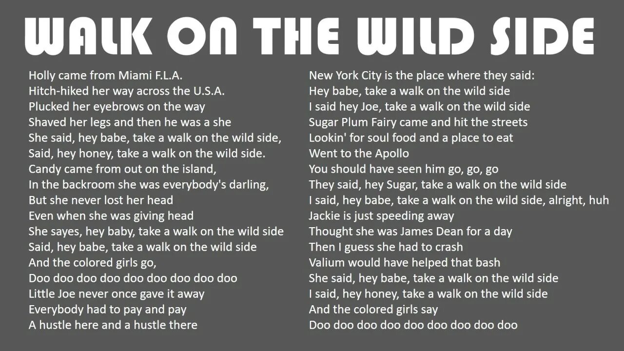 Песню вилд. Take a walk on the Wild Side. Wild Side. Lou Reed - walk on the Wild Side. Wild песня.