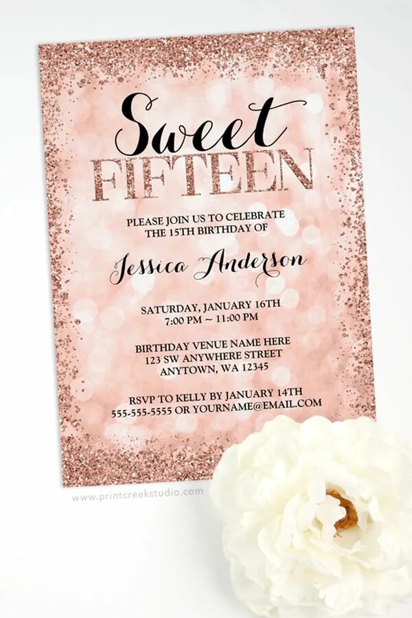 Sweet 15. Roses Gold Invitation.