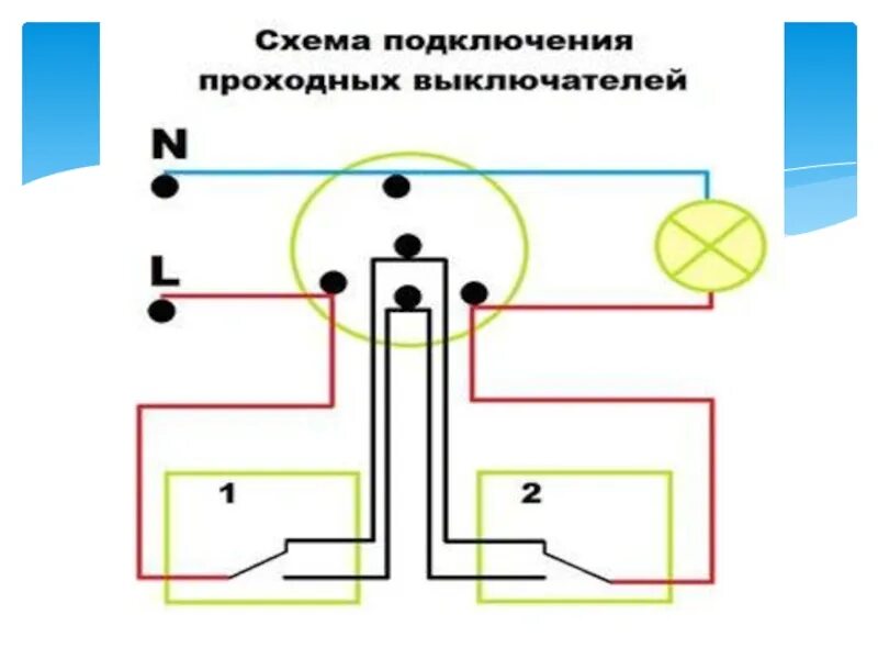 Схема подключения проходного выключателя. Схема подключения проходного выключателя