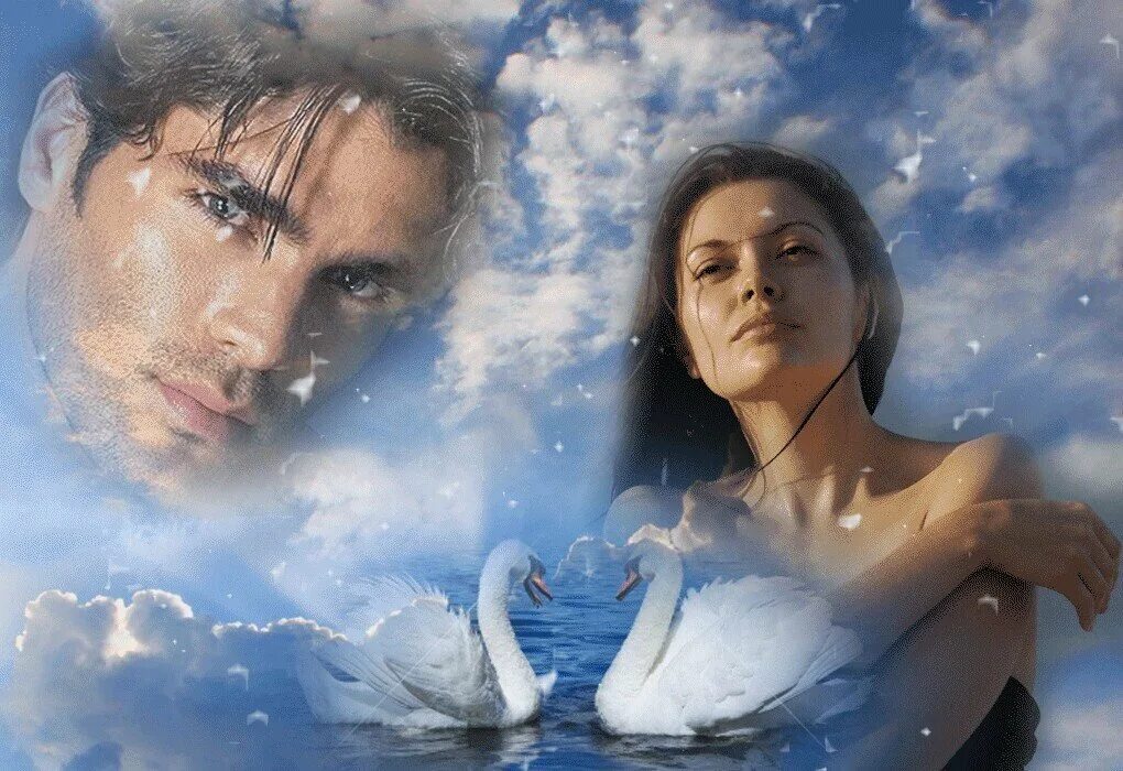 Не могут жить разлуки лебеди песни. Мужчина и женщина в небе. Девушка мечтает о любви. Влюбленные в облаках.