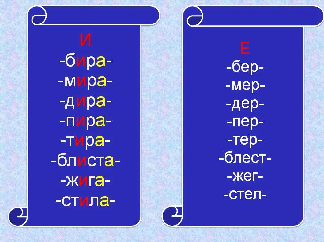 Какие корни с чередованием е и. Гласные е и и в корнях с чередованием. Бер бир мер мир дер Дир тер тир.