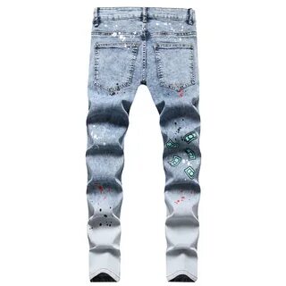 Pants Men Hip-hop Multi-color Print Hole Patch Slim Elastic Fried Snowflake...