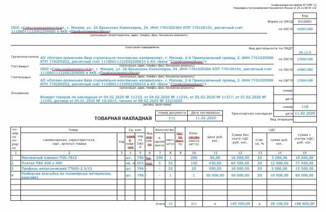 Образец товарной накладной на возврат товара поставщику образец. Торг 12 при возврате товара поставщику. Накладная торг 12 на возврат. Накладная на возврат товара поставщику образец.