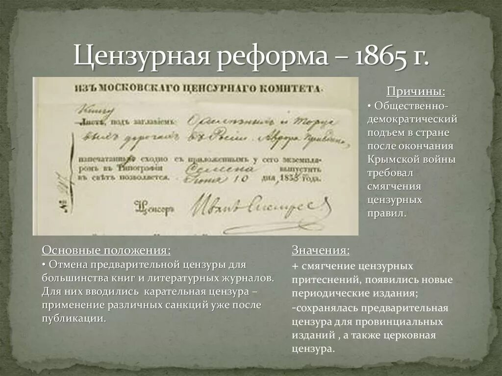 Результаты реформ 19 века. Цензурная реформа 1865 причины. Реформа цензуры 1865. Цензурная реформа 1865 итоги.