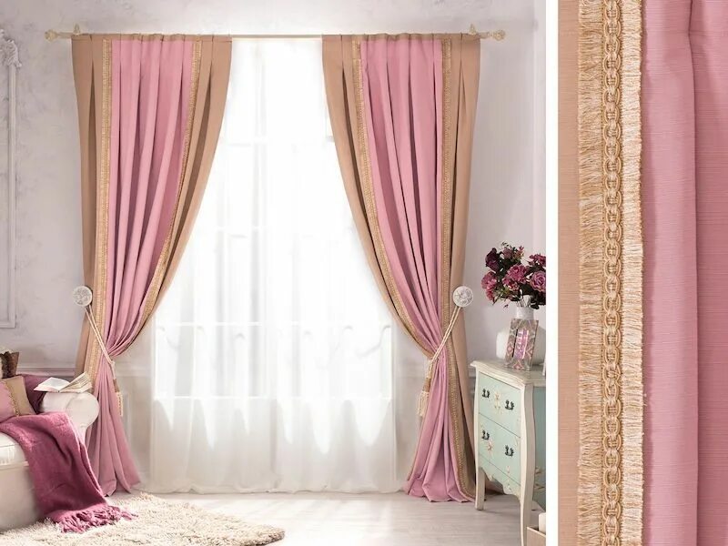 Розовые шторы в спальню. Комбинированные шторы для спальни. Шторы в спальню в розовых тонах.
