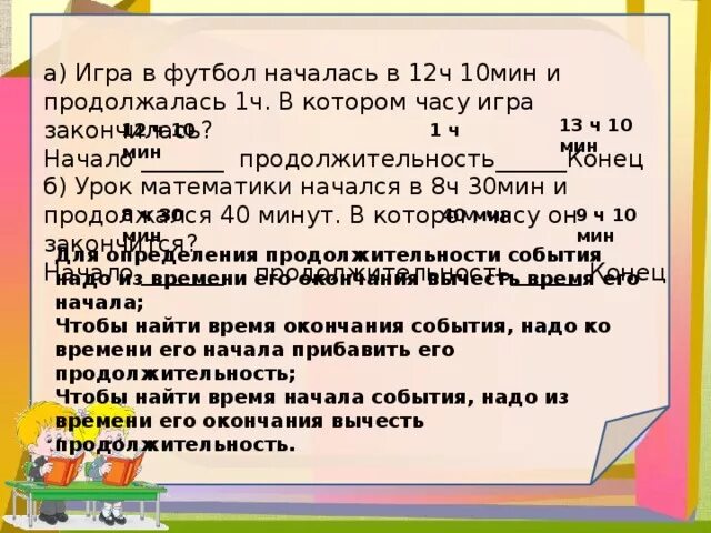 7 ч 14 мин. Задачи на Продолжительность события. Задачи на нахождение начала продолжительности и конца событий. Задачи на определение продолжительности событий. Задача на нахождение окончания события.