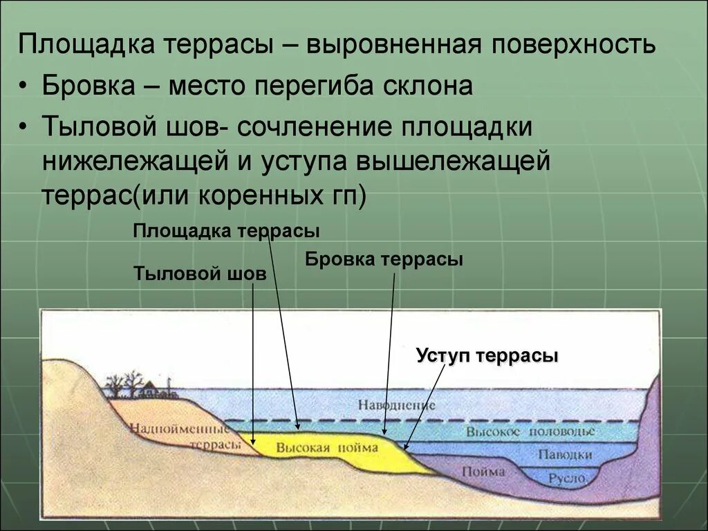 Площадка террасы,бровка,уступ,тыловой шов. Бровка Речной террасы. Геологическая деятельность поверхностных текучих вод. Строение Речной террасы.