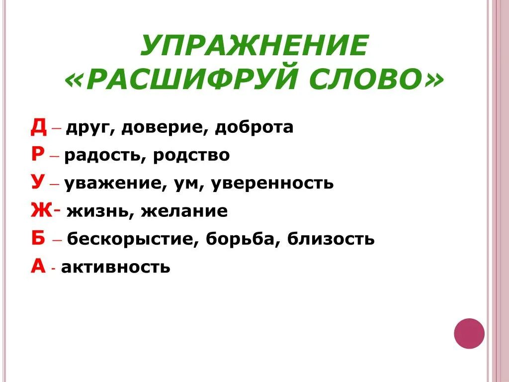 Компоненты другими словами. Расшифровка слова друзья по буквам. Расшифровка слова Дружба по буквам. Расшифруй слово Дружба. Друг расшифровка.