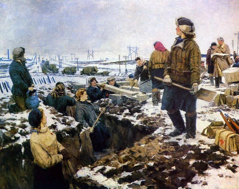 В 1941 вся страна. Н И Осенев комсомольцы на строительстве. Комсомольцы на строительстве оборонительных рубежей под Москвой.