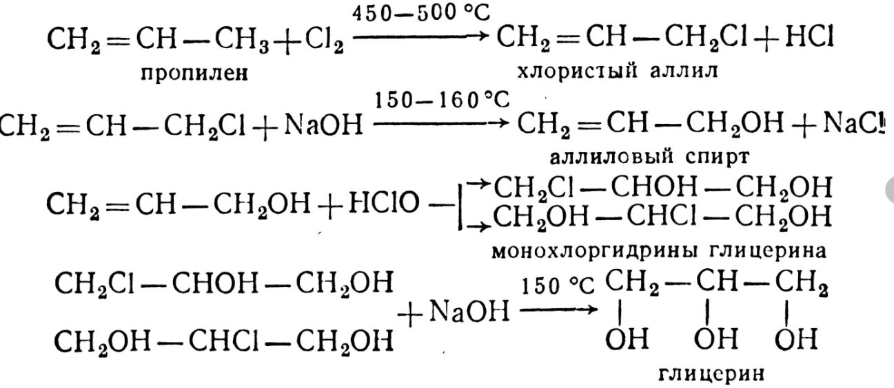 Трихлорпропан гидролиз. Синтез глицерина из пропилена. Синтез глицерина из пропана.