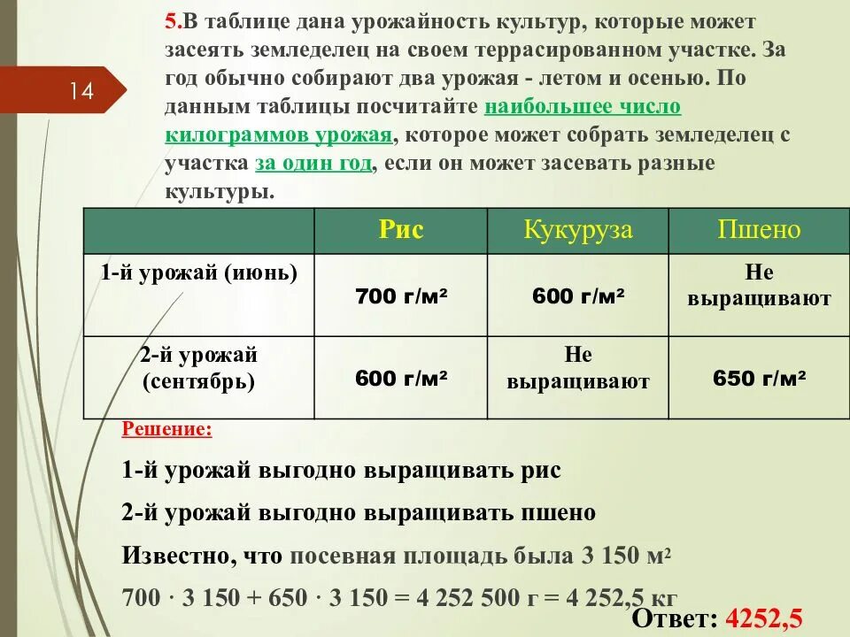 Урожайность культур таблица. Задачи на урожайность