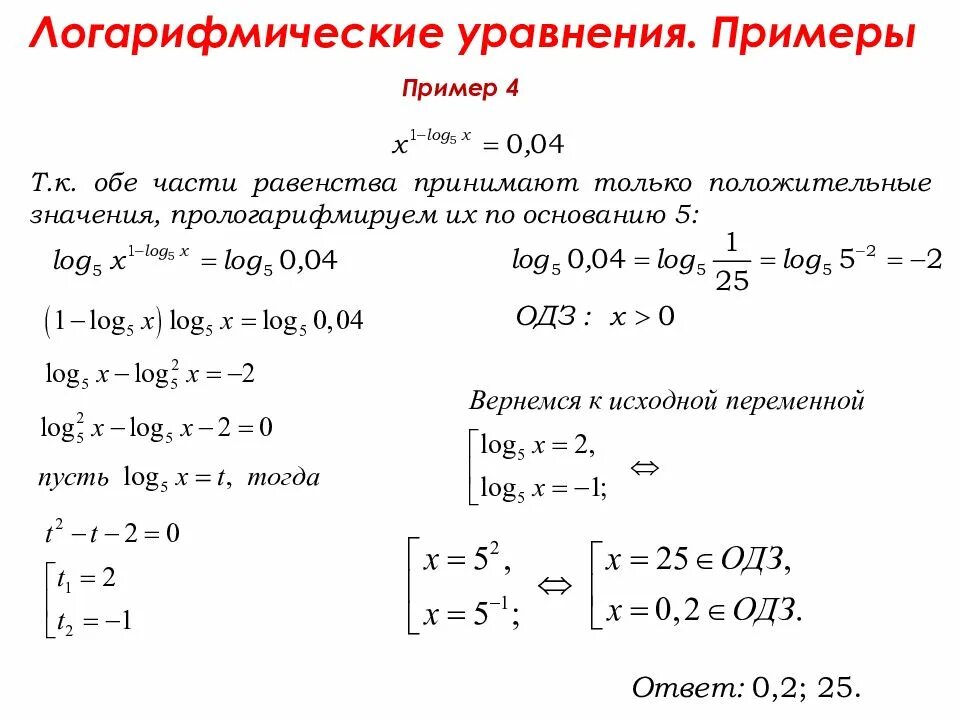 Практическая работа решение логарифмических уравнений
