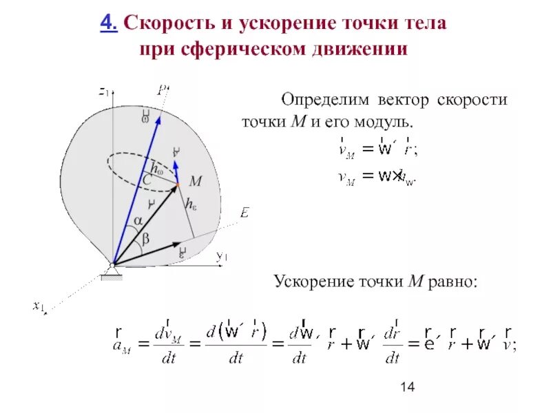 Мгновенная скорость и ускорение точки. Ускорение точек тела при сферическом движении. угловая скорость при сферическом движении. скорости точек тела при его сферическом движении. сферическое движение твердого тела теоретическая механика.