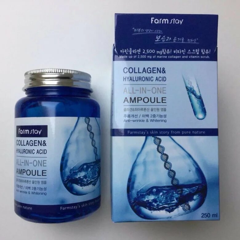 Ампульная сыворотка Farmstay "Collagen & Hyaluronic acid all-in-one Ampoule" 250. Сыворотка Collagen Hyaluronic acid all-in-one Ampoule. Ампульная сыворотка для лица Корея Hyaluronic acid Collagen all-in-one Ampoule. Farmstay all in one Collagen and Hyaluronic Ampoule,250мл.