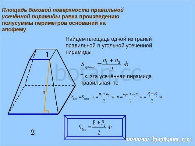 Формула боковой поверхности правильной усечённой пирамиды. Площадь поверхности усеченной пирамиды формула. Площадь боковой поверхности правильной усеченной пирамиды. Площадь поверхности правильной усеченной пирамиды. Площадь правильной усеченной пирамиды формула