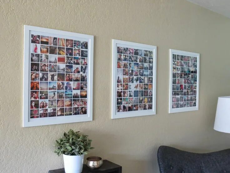 Wall picture frames arrangement on the peach wall