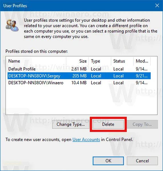 Delete user data. User profile windows.