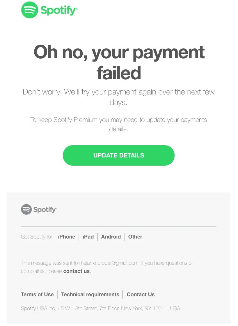 Payment failed. Payment was failed Spotify. Spotify email. Payment failed перевод. Payment message