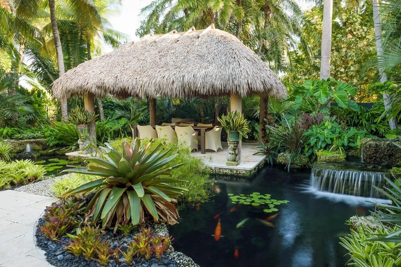Тропический сад. Ландшафтный дизайн сада в природном тропическом стиле. Тропический пруд. Tropical Garden 02.