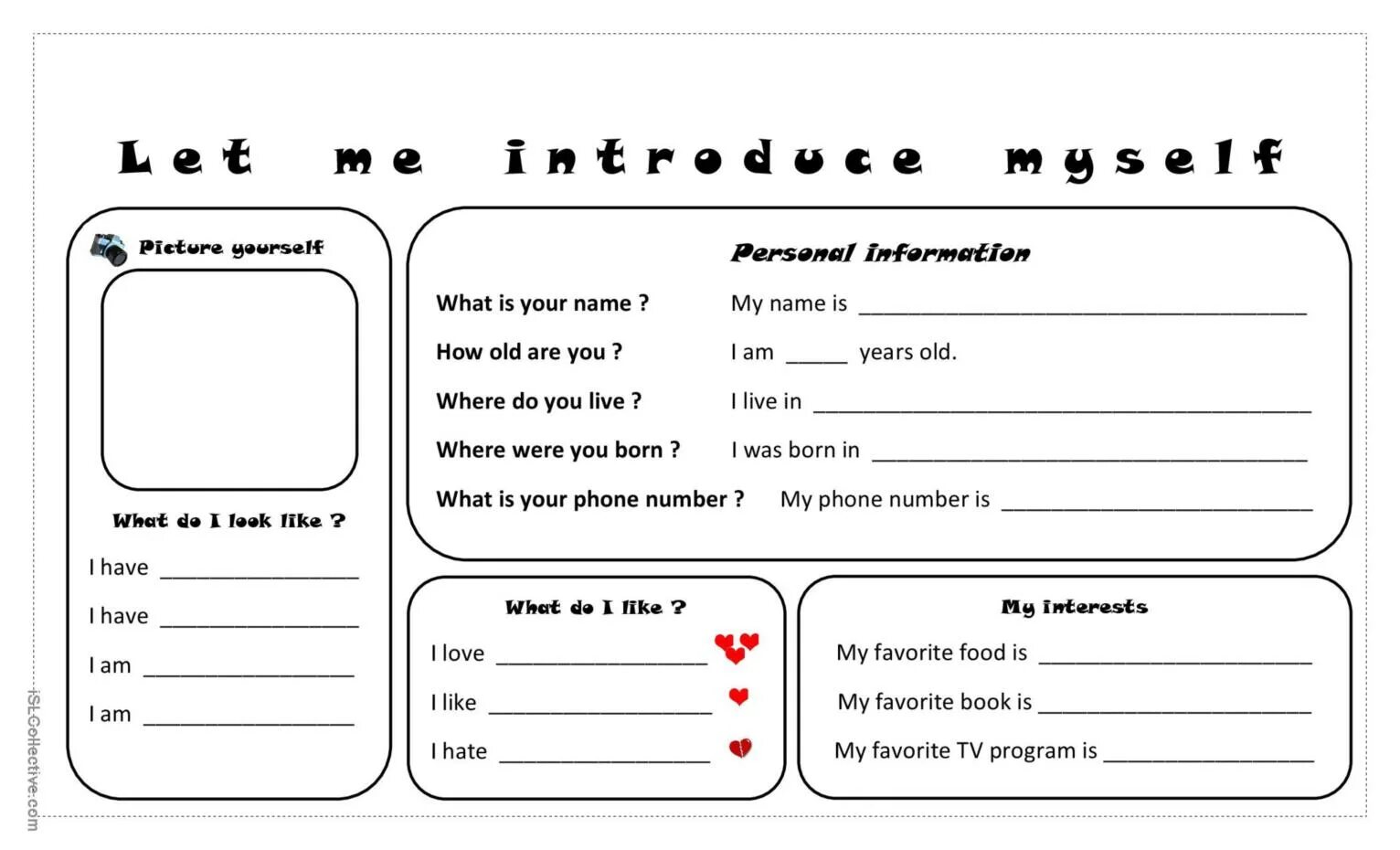 Tell a word. Introduce yourself для детей. Introduce yourself in English for Kids. Анкета на английском для детей. Let me introduce myself Worksheet.