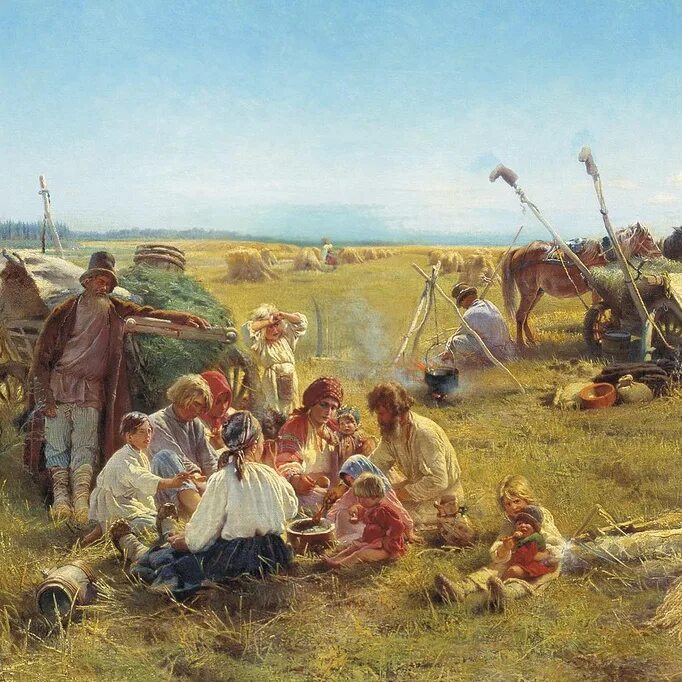 Жизнь крестьянская семья. Крестьянский обед в поле. 1871 Маковский. Крестьянская семья.