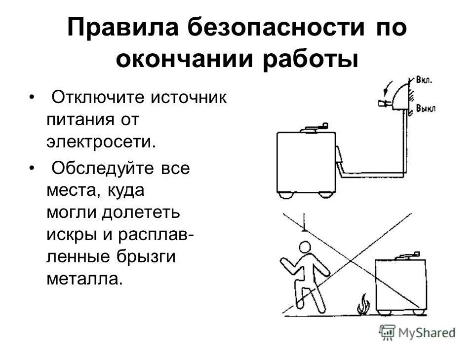 Отключи источник. Правила безопасности по окончанию работ. Правила безопасности окончание работы. Правила подключения электросварочных установок. Брызги металла как Отобразить на схеме.