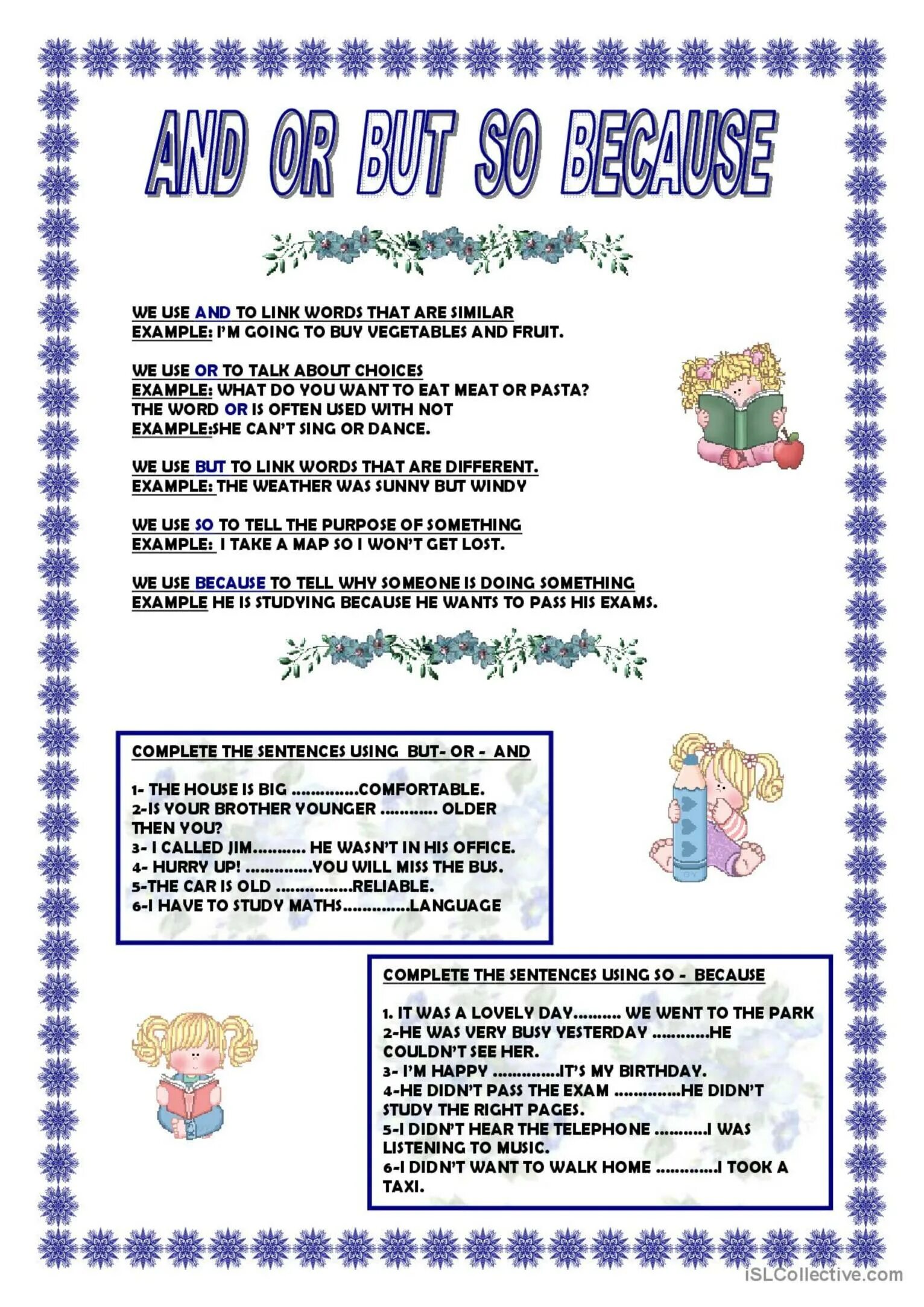 Complete the sentences with so or because. And but or so because упражнения. союзы and but so because упражнения. and but because so worksheets. so because упражнения.