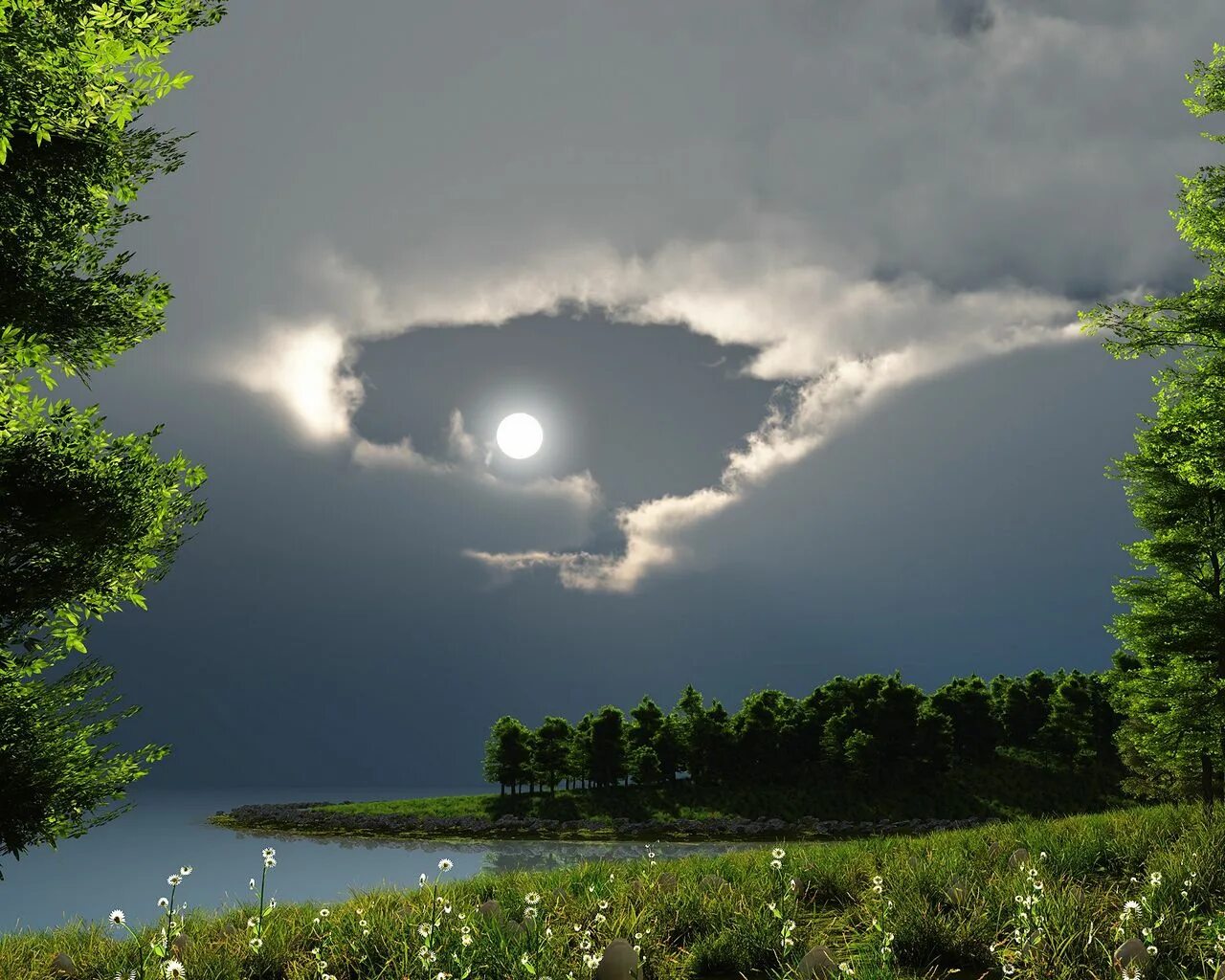 Летняя ночь. Облака над озером. Лунная ночь. Природа Луны. Луна живая природа