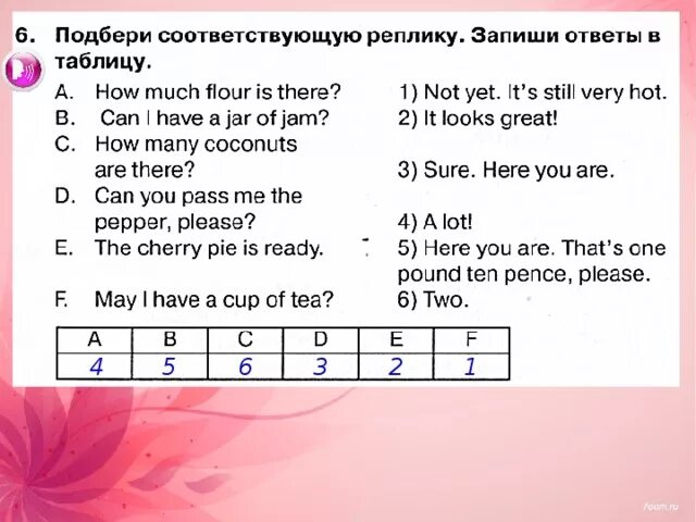 Подбери ответ для каждого вопроса. Подбери реплику. Подбери соответствующую реплику. Подбери соответствующую реплику запиши ответы в таблицу. Правильный ответ запиши ответы в таблицу.