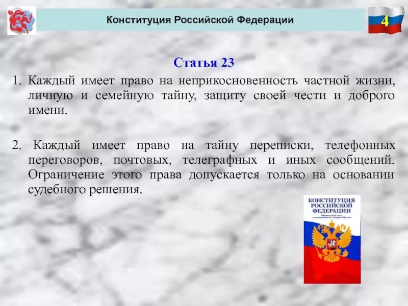 Ограничение прав граждан конституция рф. Статьи Конституции имеют. Ст 23 Конституции РФ. Каждый имеет право на неприкосновенность частной жизни. Статья 24 Конституции Российской Федерации.