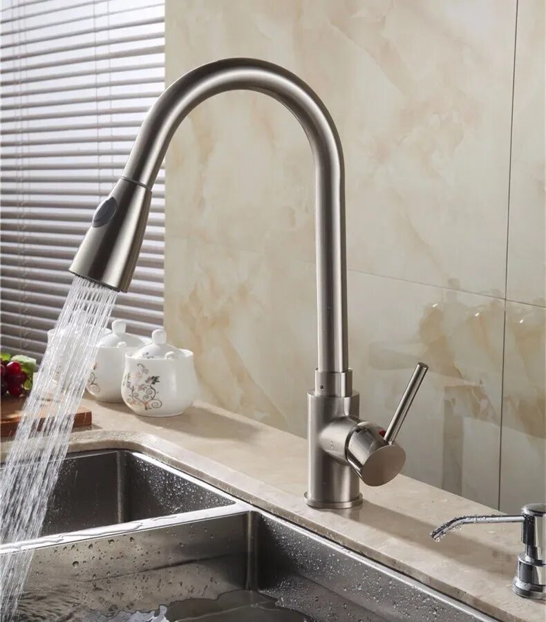 Отверстие кухонный смеситель. Кухонный смеситель homary Pull out Spray Touch Kitchen Faucet. Смеситель Pull-out Faucet. Смеситель AE-408906. Смеситель никель матовый.