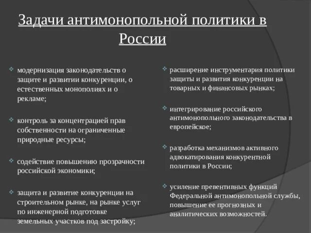 Обоснуйте значение государственного антимонопольного регулирования. Задачи антимонопольной политики в РФ. Политика защиты конкуренции кратко. Антимонопольная политика в России цели. Политика защиты конкуренции и антимонопольное законодательство.