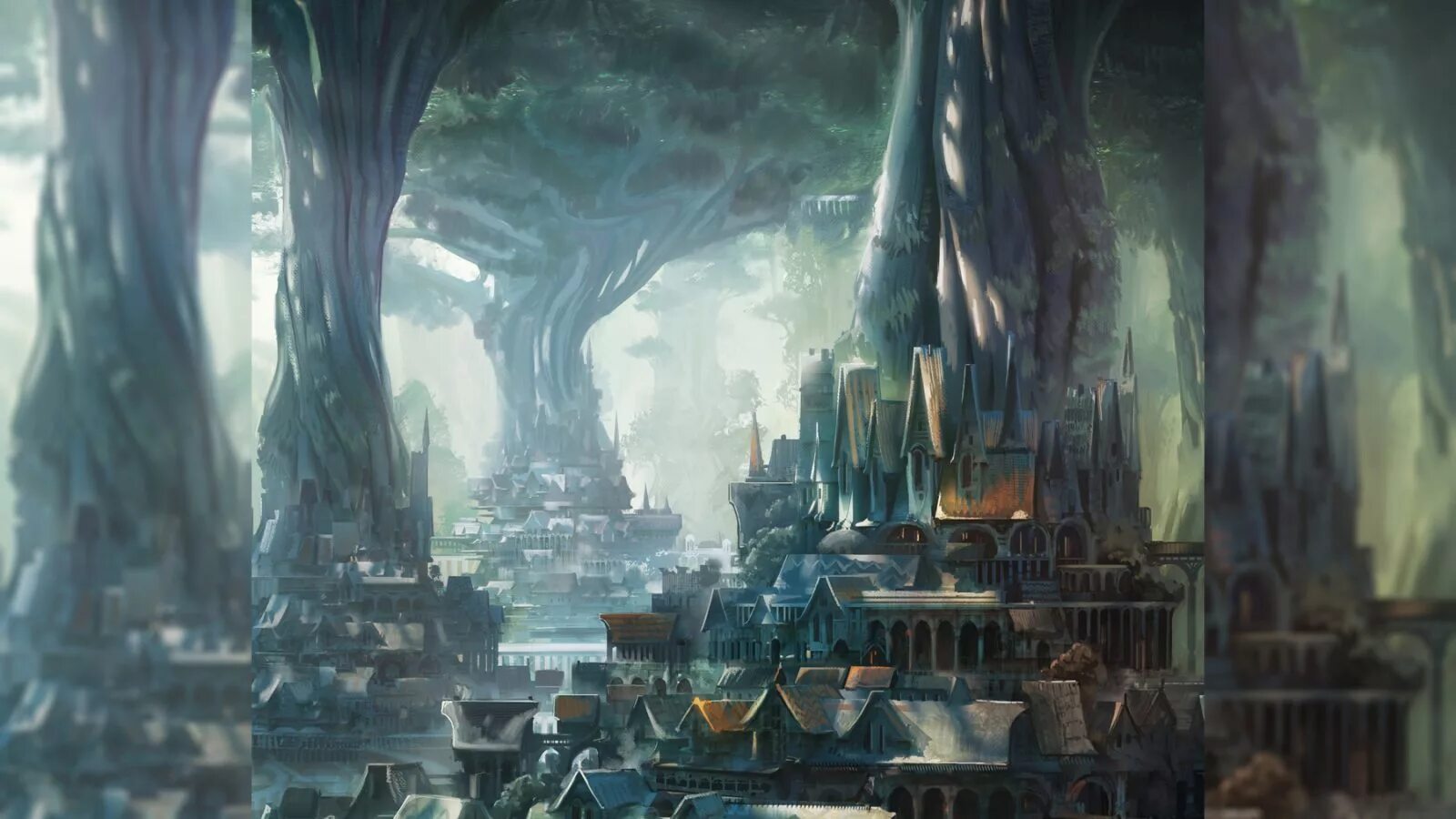 мифические города. картинки фэнтези. дракон в лесу арт. пейзаж фантастика. фэнтези пейзажи.