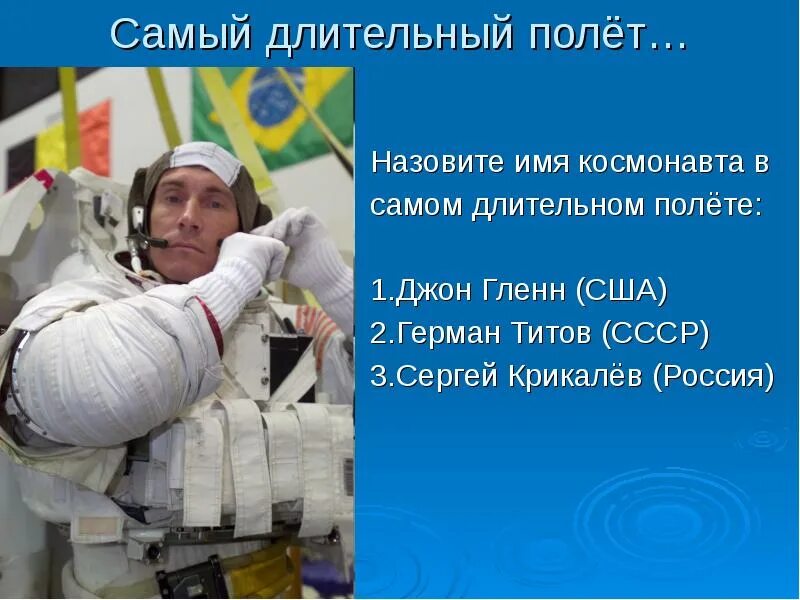 Самый длительный полет в космос. Клички космонавтов. самый длительный полет полет в космос. герман титов и джон гленн. совершал наиболее продолжительный полет в космосе.