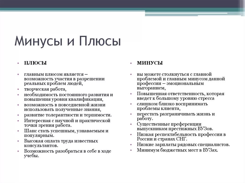 Обсудите с одноклассниками плюсы и минусы. Плюсы и минусы профессии психолога. Минусы профессии психолога. Минусы работы психологом. Плюсы и минусы работы психолога.