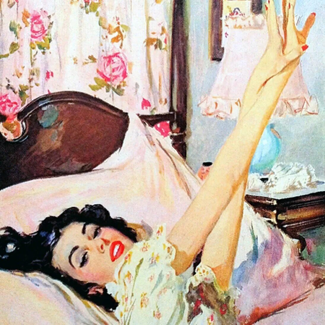 Картина женщина на кровати. Ретро в постели. Живопись женщина проснулась. Девочка в постели живопись. Утром встаю танцую девочка лучше